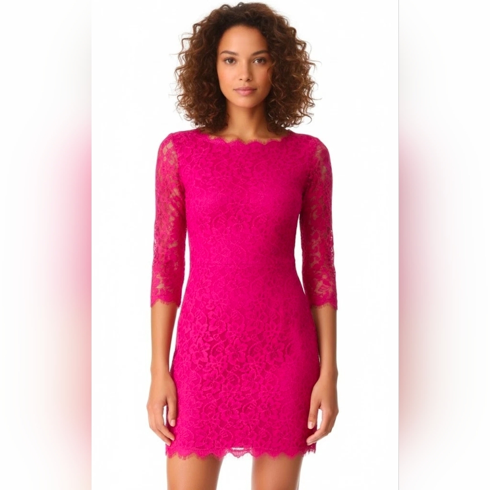 NWT Diane Von Furstenberg Zarita in Hot Rose Pink Lace Zip V-back Dress 6 $348
